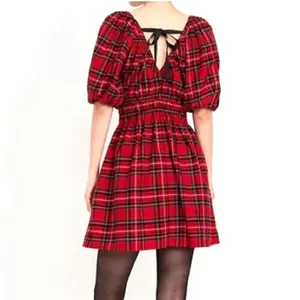 Old‎ Navy Tartan Plaid Mini Dress Womens Medium Red Smocked Puff Sleeve Holiday thumbnail 2