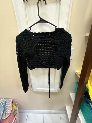 Free People FP Beach Black Open-Knit Crochet Cropped Sweater with Back Tie thumbnail 3
