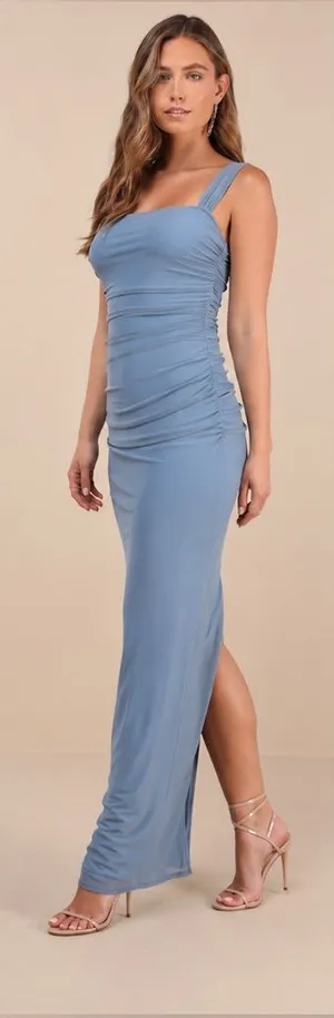 Lulus Amazing Presence Slate Blue Mesh Ruched Maxi Dress NWOT Small $79 thumbnail 1