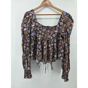 Topshop Blouse Womens 10 Blue Floral Boho Square Neck Puff Sleeve‎ Tie Front Zip thumbnail 3