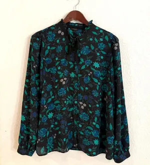 Ann Taylor Womens Shirt Blouse Blue Green Floral Long Sleeve Button Up Large thumbnail 1