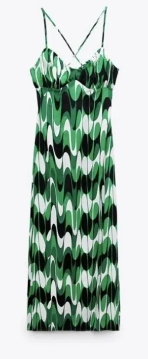 Zara Green Abstract Geometric Wavy Print Midi Dress XS‎ Crisscross Back 9878/173 thumbnail 1