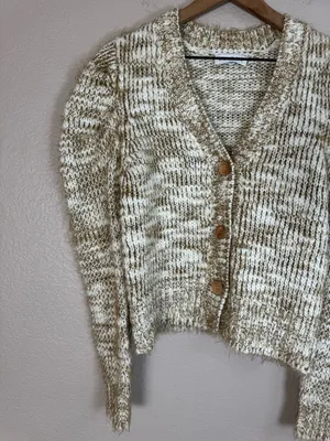 Jacquie The Label V Neck Puff Sleeve Fiora Cardigan Knit Sweater Small Tan Fawn thumbnail 8