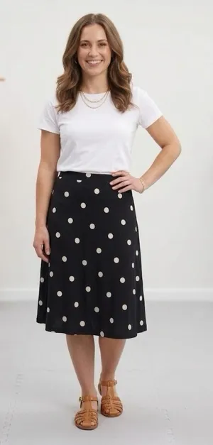 (RFB2) Kasper Petite Medium Black Midi Skirt White Polka Dot Elastic Waist Women thumbnail 1