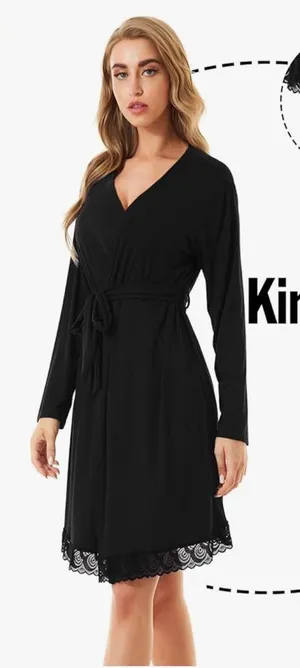 Kimono Robes Long Sleeve Sleepwear Lightweight Loungewear with Lace Trim thumbnail 1