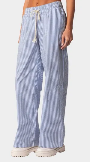 Edikted Blue & White Pinstripe Wide Leg Drawstring Pants 100% cotton thumbnail 1