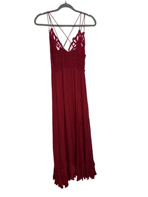 🌺 Free People Adella Maxi Dress Burgundy Lace Strappy Boho Size Medium 🌺 thumbnail 5