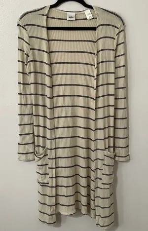 Daytrip Minimalist Chic Cozycore Slouchy‎ Striped Cream Long Open Cardigan Small thumbnail 1