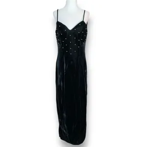 Vintage‎ Black Velvet Pearl Beaded Maxi Slip Dress 90s Formal Evening Size 10 thumbnail 2