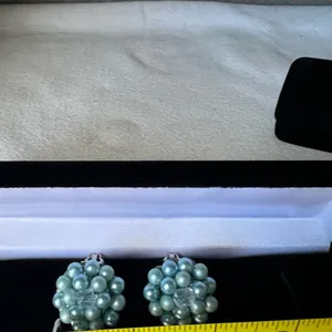vintage 1950s-1960s cluster clip-on earrings, featuring blue faux pearl thumbnail 5