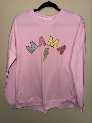 Simply Southern Pink Mama Chenille Patch Sweatshirt M Lightning Bolt Glitter MOM thumbnail 1