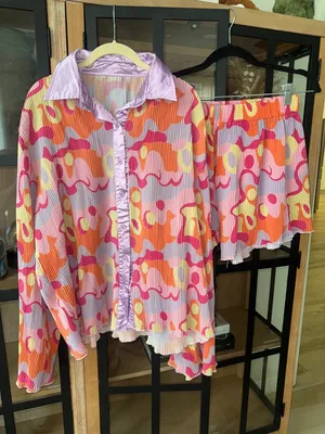 Peppermayo Groovy set long sleeve button down shirt top pleats shorts colorful psychedelic thumbnail 1