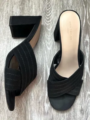 Ann Taylor Factory Black Suede Slip On Block Heel Sandals Heels Size 6 thumbnail 1