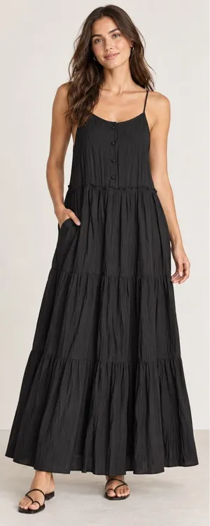 Calista Black Crinkle Tiered Maxi Dress Size Med Sleeveless Spaghetti Strap Boho thumbnail 1