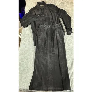 Genuine Leather Suede Black Long Skirt & Button Top Suit Set Matching VTG thumbnail 2
