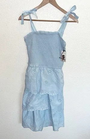 Sincerely Jules Light Blue Smocked Tiered Floral Tank Top Tie Strap Mini Dress thumbnail 1