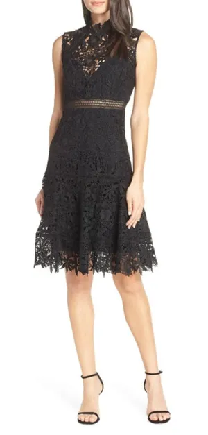 EUC Bardot Elise Womens Black Crochet Lace Cocktail Midi Dress US 6 thumbnail 1