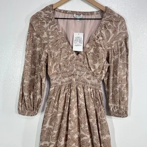 Nations of Peace Paisley‎ Maxi Dress Womens XS Brown Cotton Smocked Boho Tiered thumbnail 9