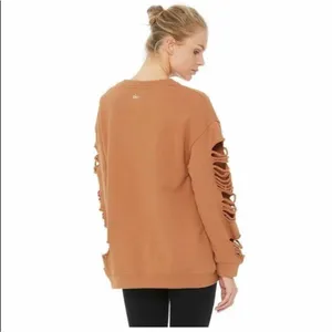 ALO Yoga Fade Distressed Pullover Crewneck Sweatshirt Womens Small Tan thumbnail 3