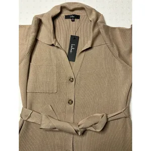 Lulus Taupe Button Front Belted Knit Midi Dress Size M NWT thumbnail 2