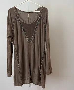 Free People M Brown Tunic Beaded Embellished‎ Boho Top Relaxed Festival slouchy thumbnail 1