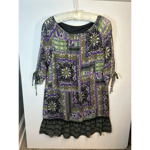 Women’s XL Purple Olive Patchwork Print Tunic Dress Ruffle Hem Tie Sleeves Boho thumbnail 2
