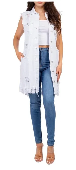 American Bazi Los Angeles long destroyed ripped jacket vest jean denim button 3X thumbnail 1