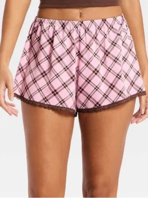Wild Fable Satin Boxer Pajama Shorts brown/pink plaid with lace trim thumbnail 1