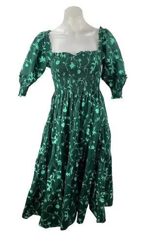 Hill House Nesli Green Botanical Smocked Tiered Midi Nap Flare A-Line Dress XXS thumbnail 1
