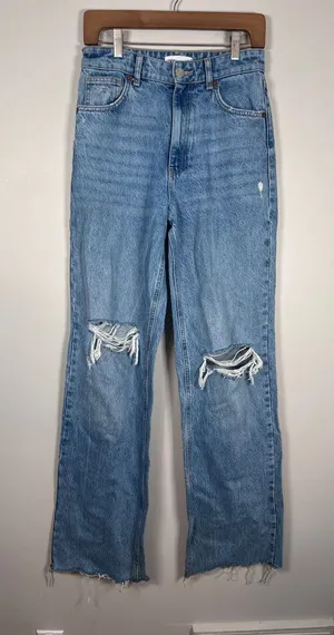 Zara Straight Leg Jeans Women Size 4 Blue Distressed Grunge Raw Hem High Rise thumbnail 1