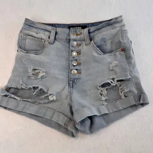 Aero Super High Rise Midi Distressed Denim Shorts Light Wash Button Fly‎ Size 4 thumbnail 1