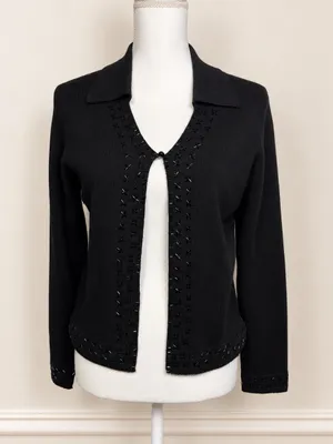 Valerie Stevens 100% Merino Wool Beaded Evening Cardigan Black Vintage 90s Knit thumbnail 1