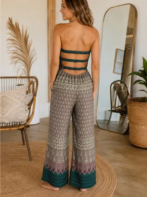 Audrey Boho Strapless Open Back Wide Leg Jumpsuit Green Taupe Print thumbnail 2