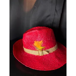 Red Straw Cowboy Hat‎ with Woven Band and Feather Accent Western Style Fedora thumbnail 2