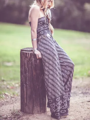 Free People Vintage Boho Jumpsuit Pantsuit Strapless Halter Medium Wide Leg thumbnail 11