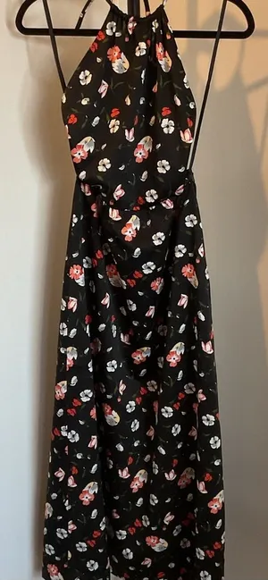 ILGWU Vintage Black Pink Halter Backless Party Dress Flowy Cocktail Size 4 thumbnail 1