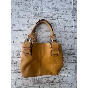 Tignanello Mustard Yellow Pebbled Leather Satchel Buckle Handbag Silver Hardware thumbnail 2