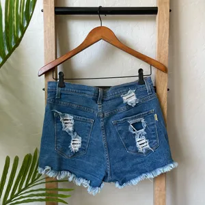 Vibrant Distressed High Rise Frayed Hem Jean Denim Shorts thumbnail 4