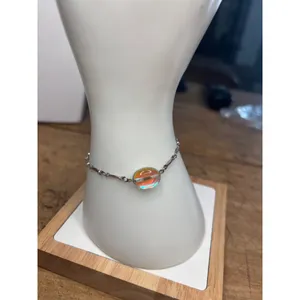 Iridescent Beaded Sterling Silver Bracelet With Oval Glass Accent & Lobster Clas thumbnail 7