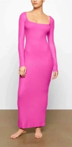 Skims Long Sleeve Dress Luxe Limited Edition Fuchsia Shimmer Foil Womens Medium thumbnail 1