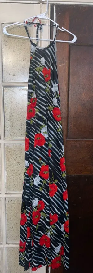 Vintage Floral Halter Zebra Maxi Dress, Red Floral on Black - Sz XS thumbnail 1