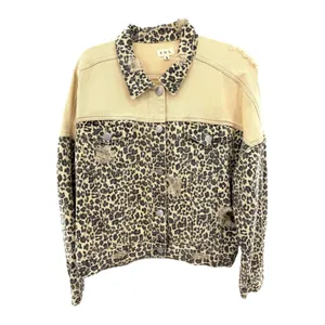 POL Leopard Print Distressed Denim‎ Jacket Tan Colorblock Oversized S Western thumbnail 4