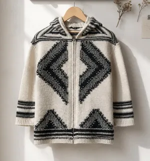AQUA Women's Hooded Knit Zip-Up Sweater with Aztec Pattern and Fringe Detail thumbnail 1