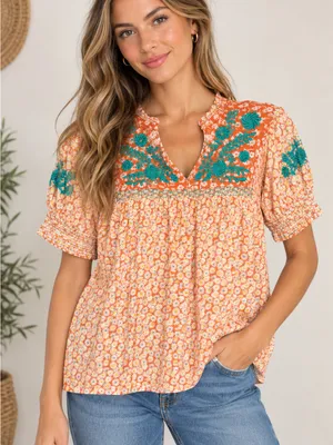 Sister Mary Floral Embroidered Coral Blouse Teal Boho Peasant Top Cottagecore thumbnail 1