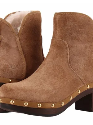 Ugg chestnut suede wooden heel ankle boots sheepskin lining pull on Sz 8 thumbnail 1