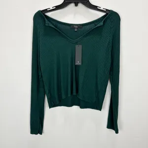 Lulus Lacefield Hunter Green Notched Long Sleeve Sweater Top Ribbed XS NWT thumbnail 4