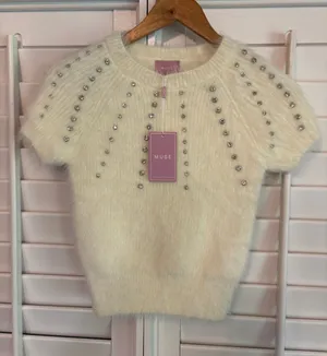Muse Cream Rhinestone Short Sleeve‎ Sweater Size XS thumbnail 1
