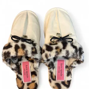 Kate Spade Lacey Slippers Women 8 Leopard Faux Fur Cream Bow Spade Charm Mule thumbnail 2
