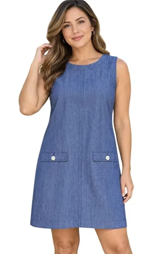 LOFT NWT Womens Blue Cotton Denim Sleeveless Shift Dress Button Pockets Size 10 thumbnail 1