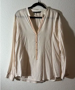 Zara Woman Size S Cream Semi-Sheer Popover Split V-Neck Long Sleeve Top thumbnail 1